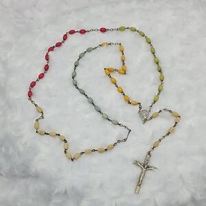Vintage Red, Yellow, Green, Blue & Natural Wood Beaded Rosary